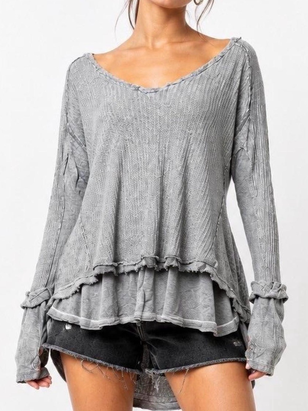 Free People / We The Free - Waffle Knit V-Neck Lightweight Oversized Top